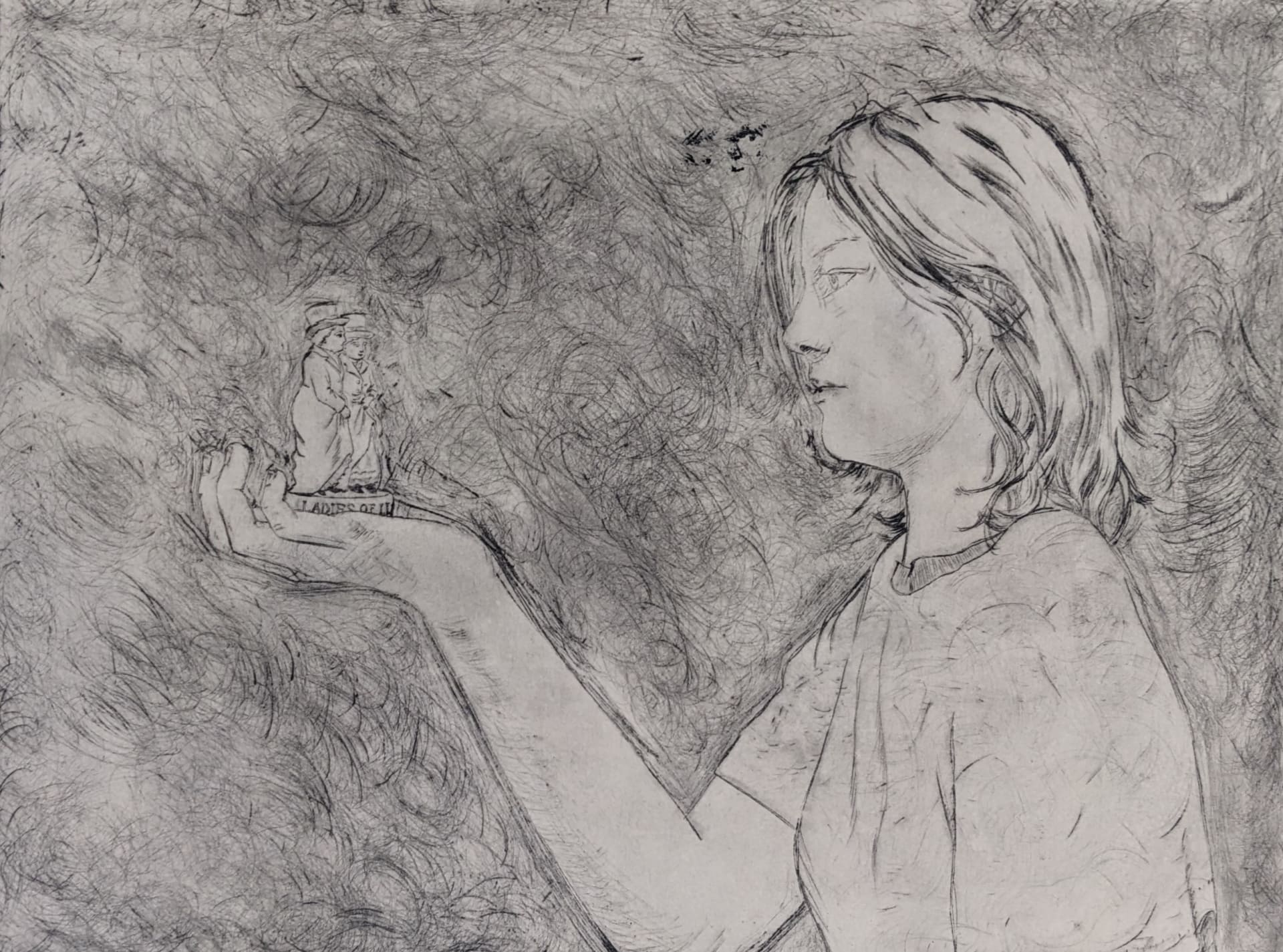 Drypoint Print depicting a person holding a small ceramic figure of the Ladies of Llangollen in front of them.
