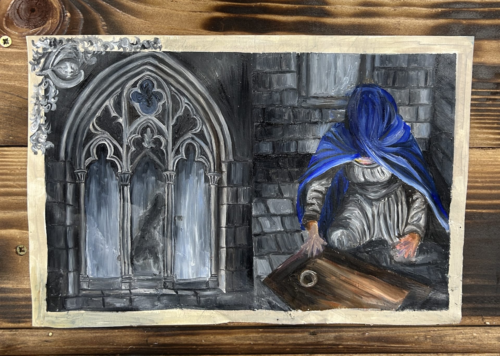 works each depicting a part of the story, her entering the crypt, her light going out