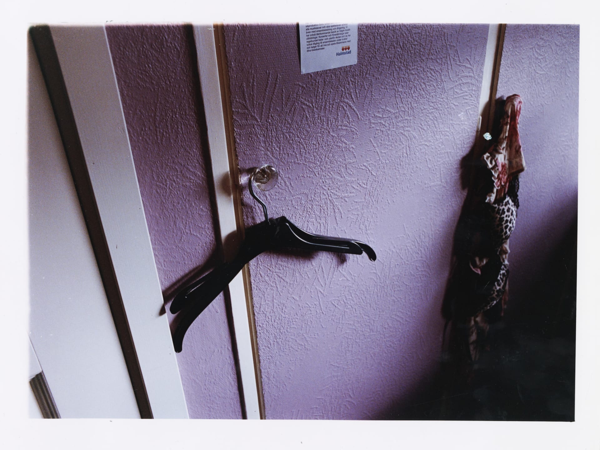 Photograph shows a hanger on a purple wardrobe.