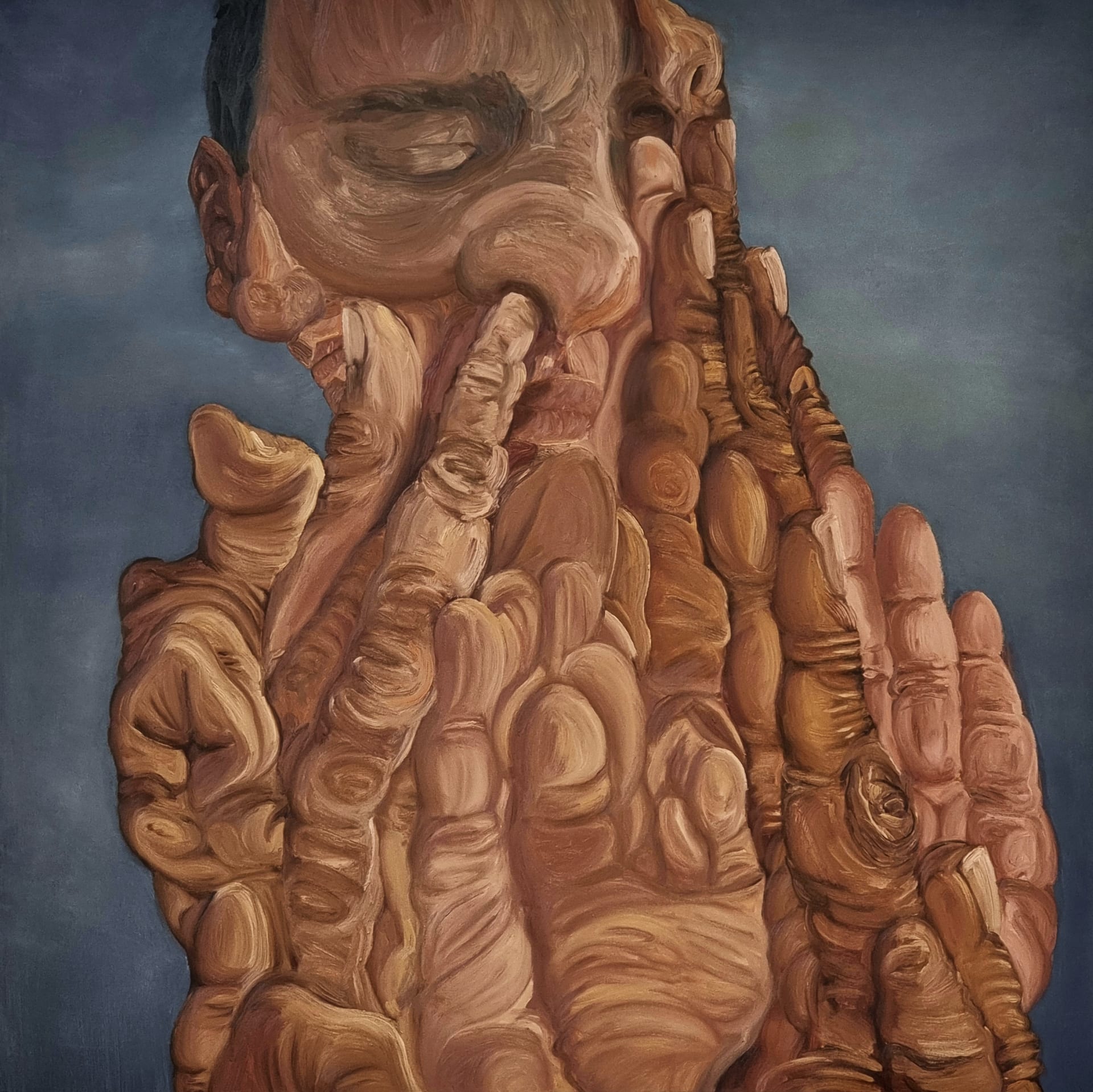 self portrait featuring several hands and fingers racing toward a face