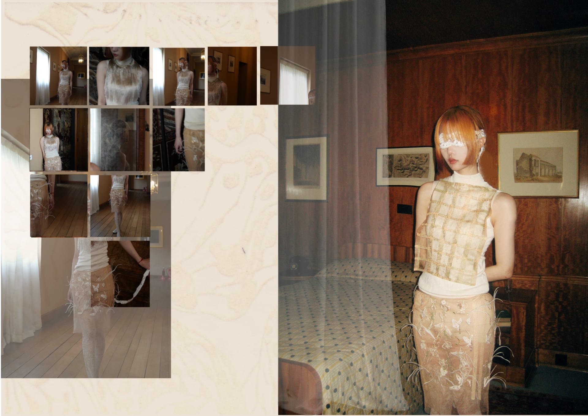 This photo was taken in Eltham Palace. The model was wearing a suit made of sequin print-based fabric, partly with flock butterfly prints, and hand-em