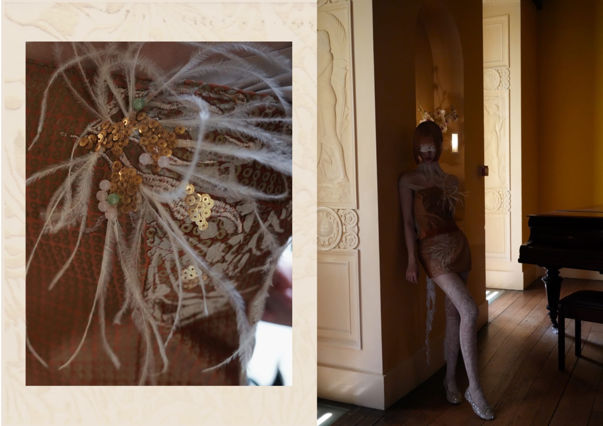 This photo was taken in Eltham Palace. The model was wearing a suit made of sequin print-based fabric, partly with flock butterfly prints, and hand-em