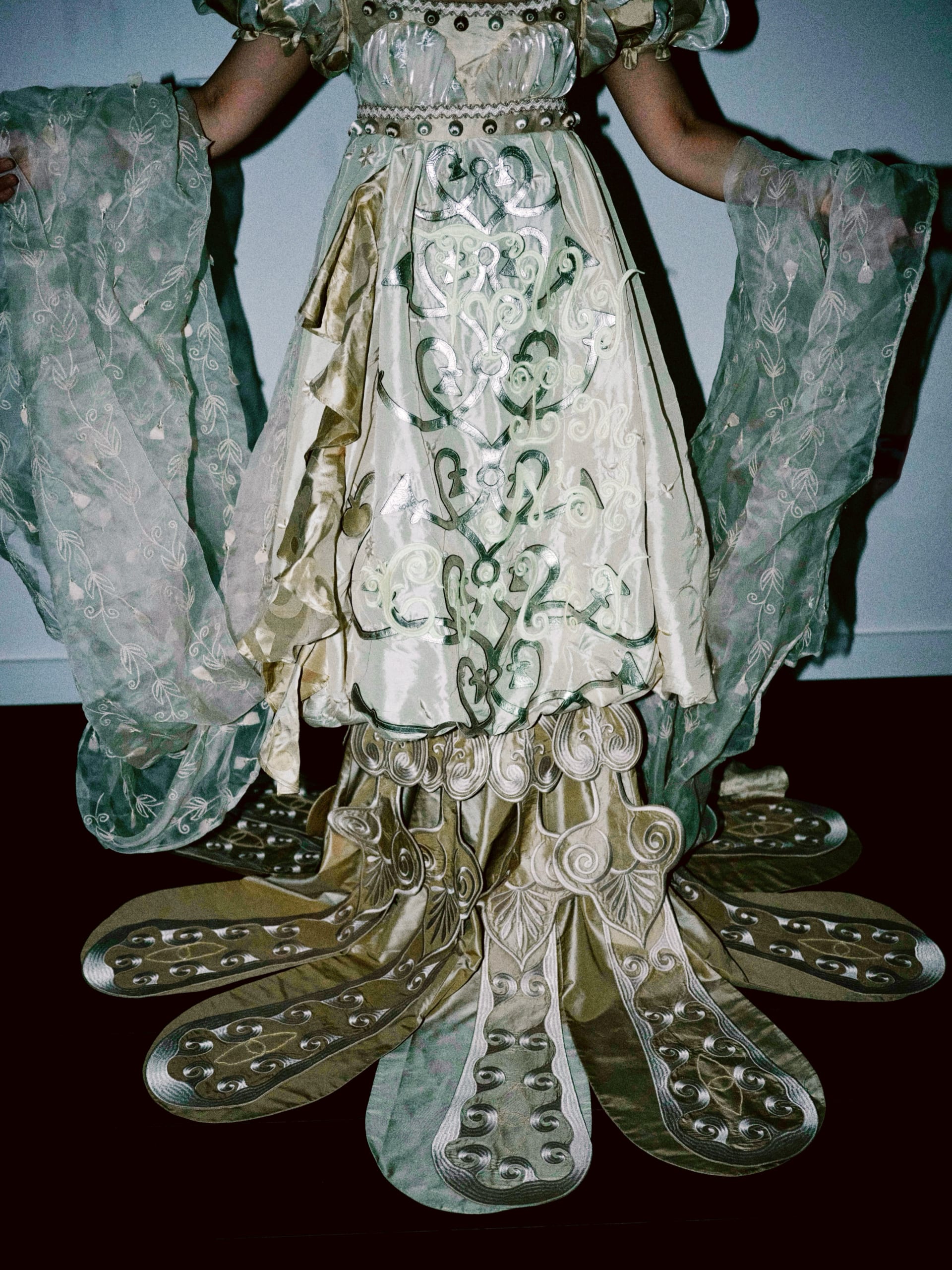 Regency-style  beige gown with leaf-decorated sleeves and embroidery hem. Hat with feathers and swan head detail.Embroidered organza draped from arms.