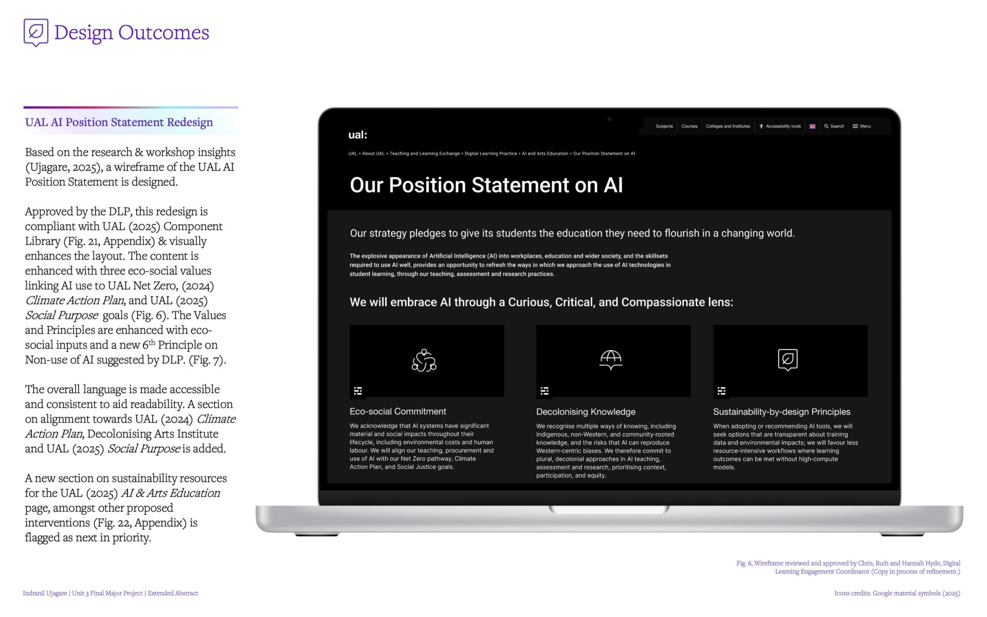 Image of the Redesigned UAL AI Position Statement prototype on a laptop. Adjoining text explains the enhancements made
