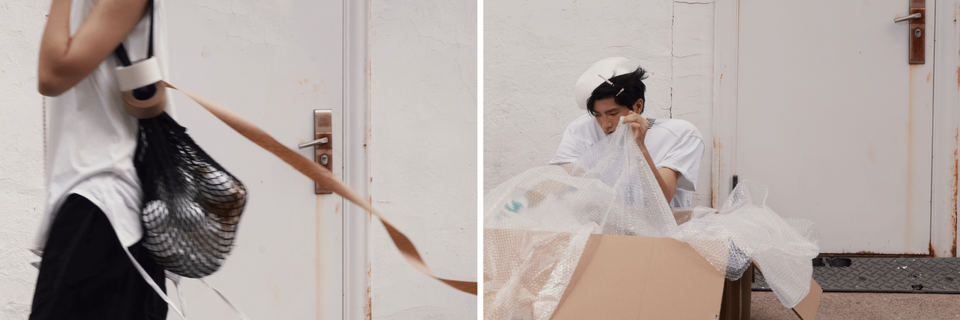 A model and stylist at work in a studio, surrounded by fabric and materials in motion.