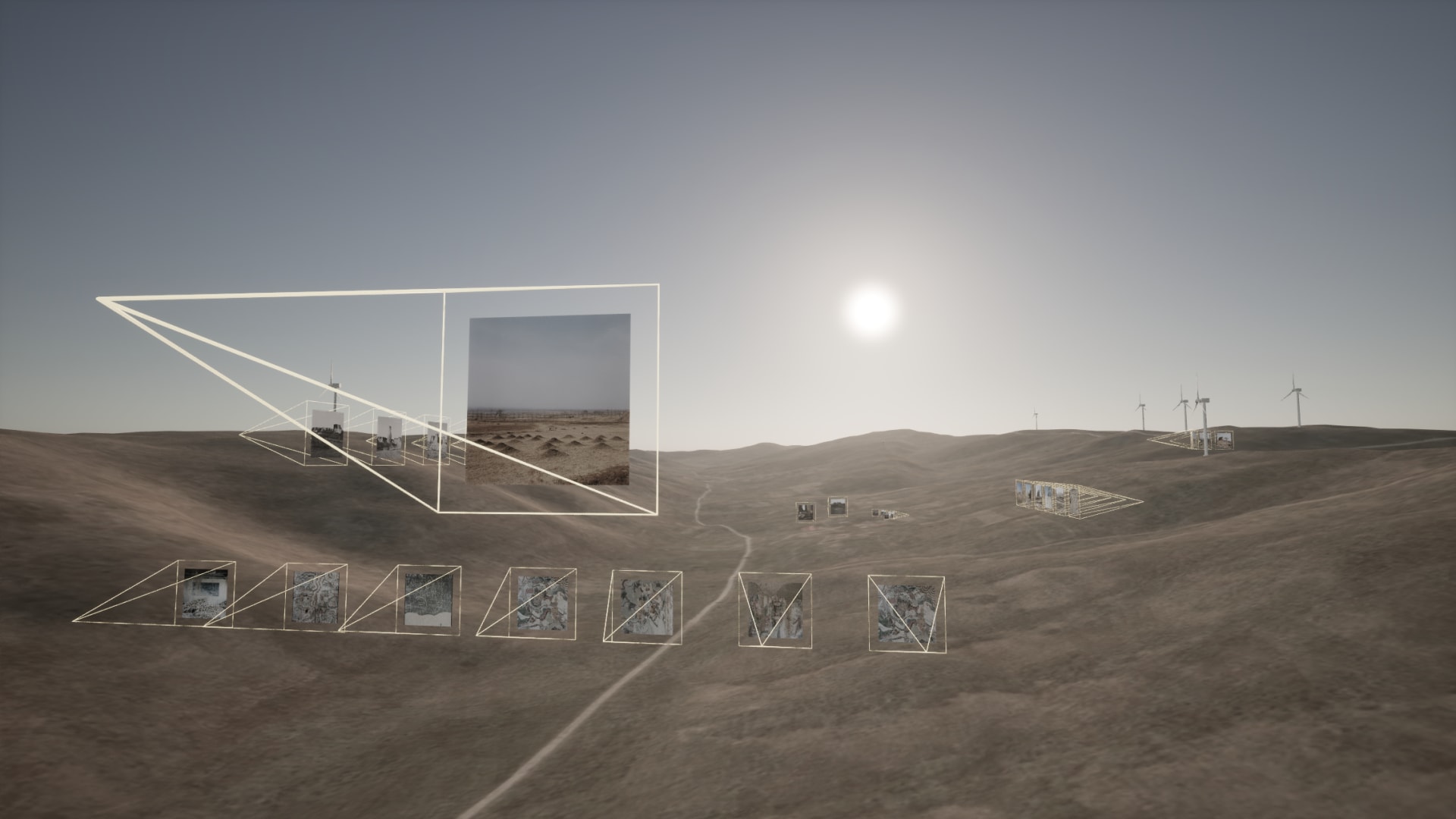 A digital 3D landscape with floating image frames and wind turbines under the sun.
