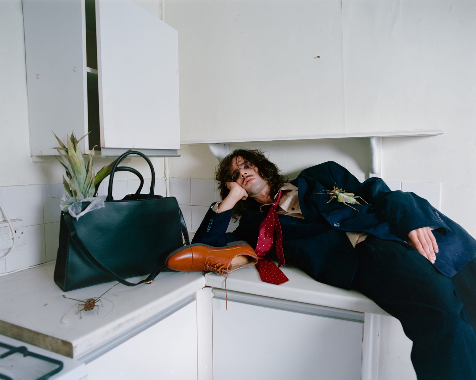 A man in a dark suit lies on a kitchen counter beside a handbag and shoes, with insects resting on his body.