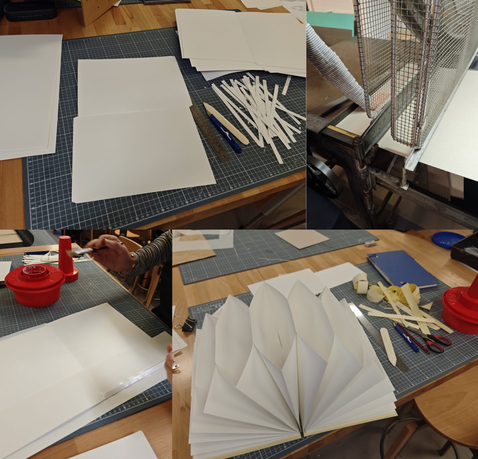 Four photos showing the hand-making process of a book: cutting paper, folding pages, gluing, and binding into a layered archive.