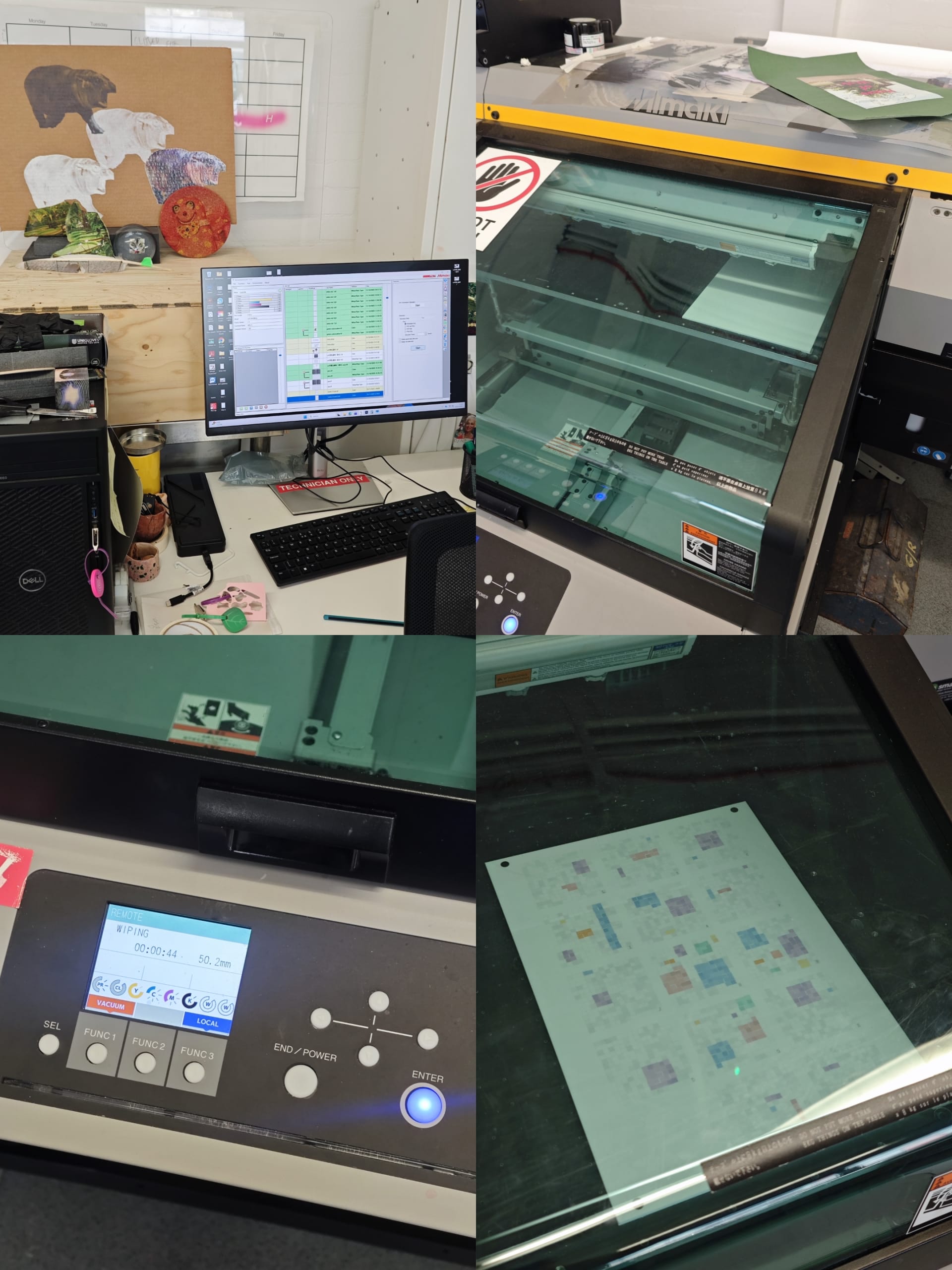 Four photos showing the UV printing process with a Mimaki printer, printing mosaic data visuals onto paper sheets.