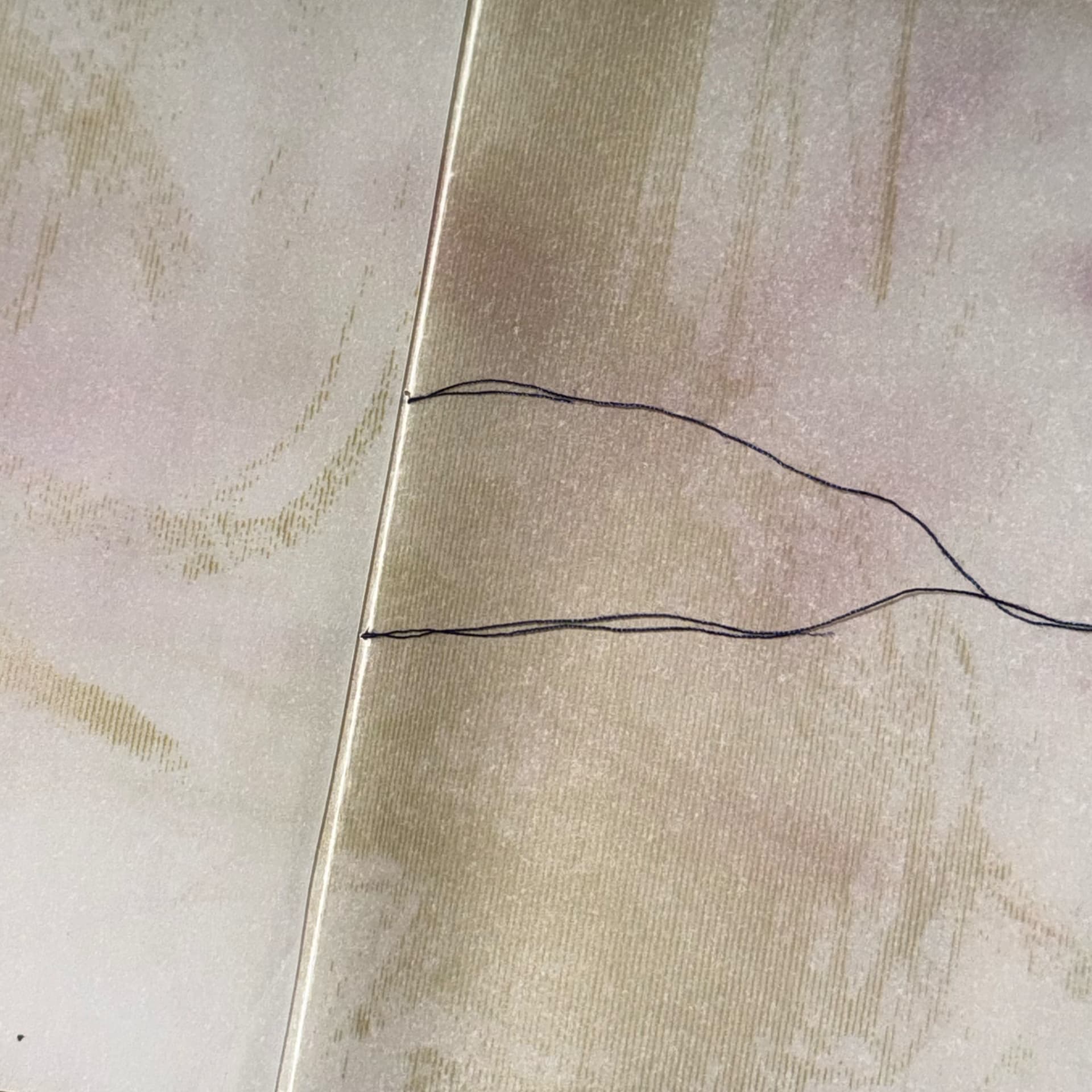 Folded translucent paper with thread stitching visible. Paper has been screen-printed on in green and red ink, visible through the layers.