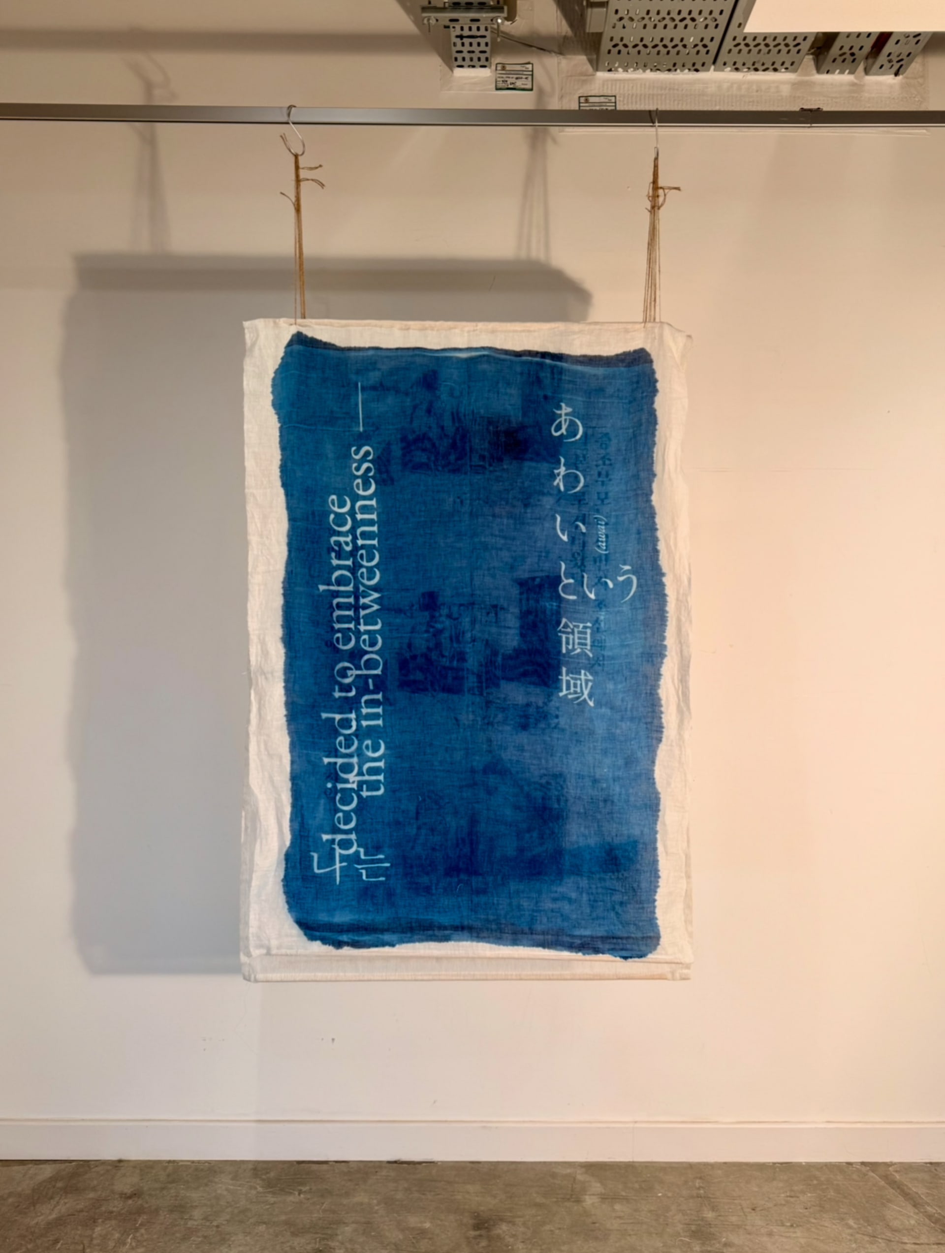 Textile installation of cyanotype, screen print, and thread exploring Zainichi Korean identity between Korean and Japan.