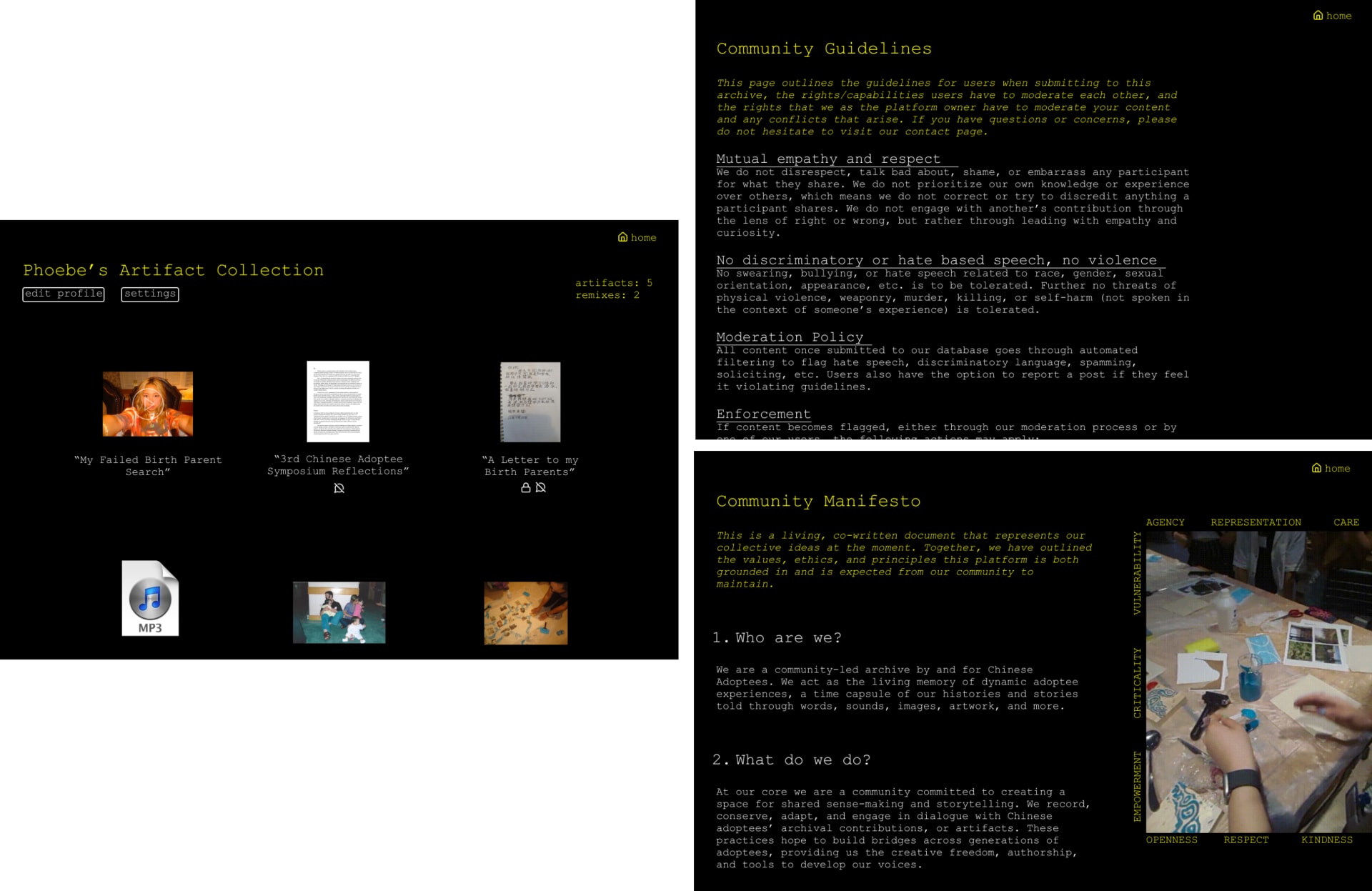 stills of quiet pages of the archive, such as the Personal account page, Community Manifesto, and Community Guidelines pages