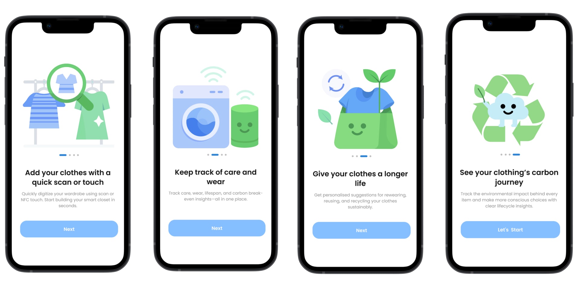 Four mobile phone mockups displaying the onboarding screens of the RETEX app. The screens feature clean illustrations and text explaining key features