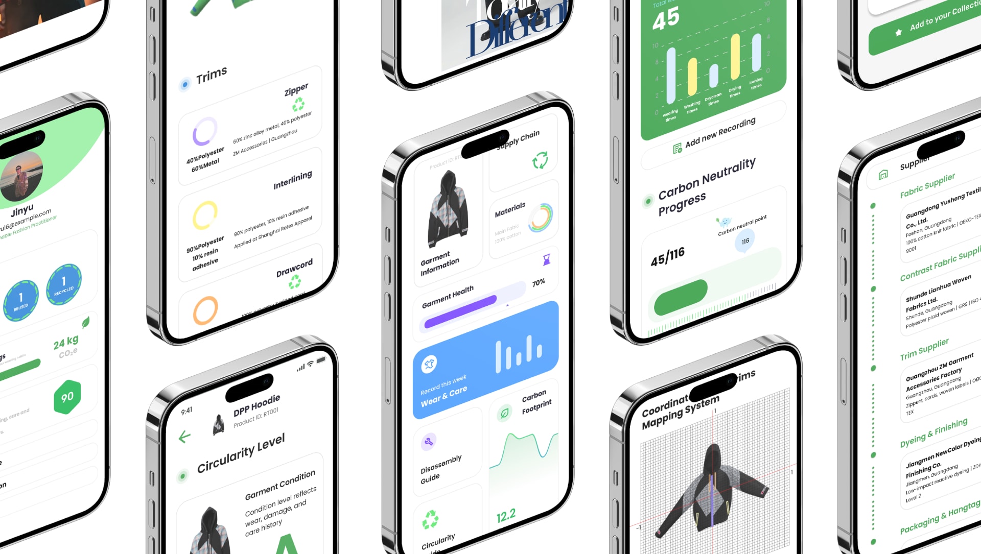 A dynamic collage of multiple smartphone mockups showing the detailed user interface of the RETEX app. The screens display various features.