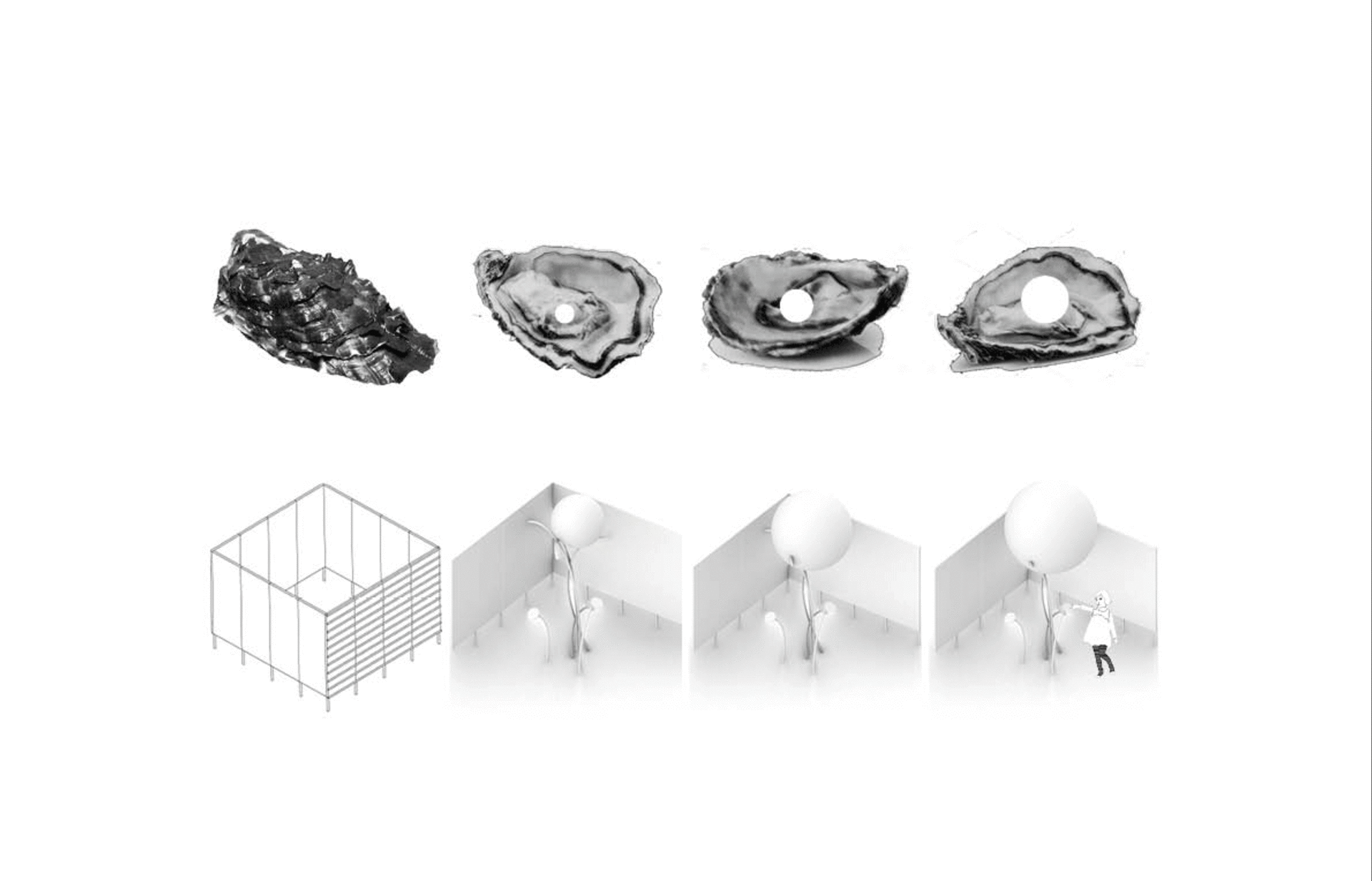 A sequence of pearl formation paired with a diagram showing interaction with office cubicles.