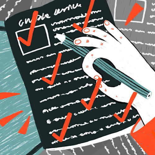  Illustration of a hand writing on a notepad. 