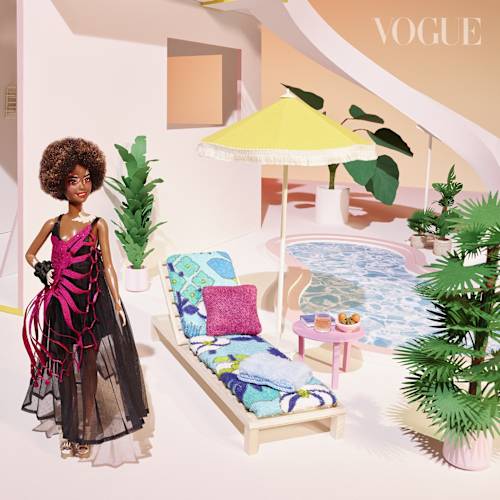  A Barbie doll wearing a black and pink dress. It's standing in a house with a swimming pool and sun lounger and parasol. 