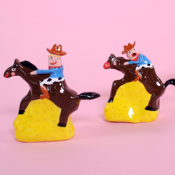 Colourful ceramic cowboys on horses by Naomi Anderson-Subryan.