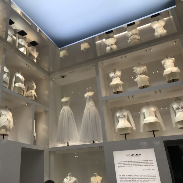 View of toile dresses in cabinets
