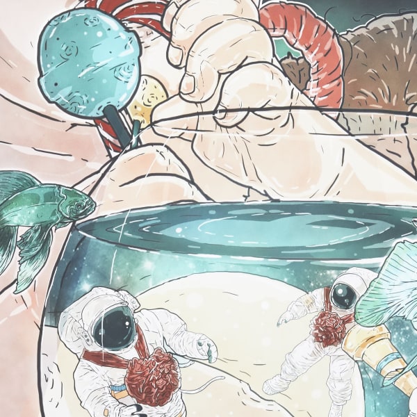 Illustration of a girl with a lollipop and a fish bowl with fish swimming outside the bowl and spacemen swimming in the bowl by Wei Guo - MA Illustration.