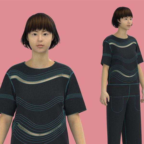 Digital model facing varying directions with pink background