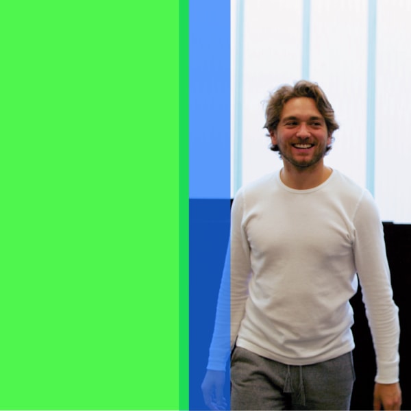 Collage of two photographs: women in a line in a swimming pool and two men in casual clothes