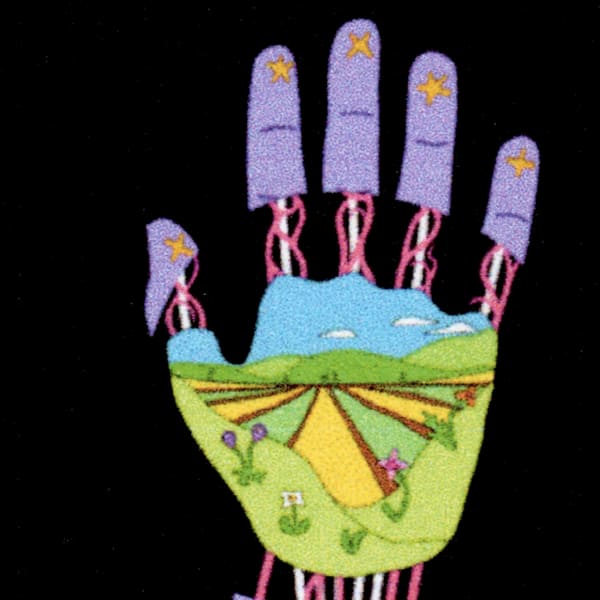 Still from a student animation, showing a hand, with a landscape drawing over the palm and purple fingers.
