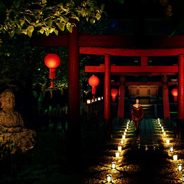 A character in a black and red dress in a night time oriental setting walking towards the viewer.