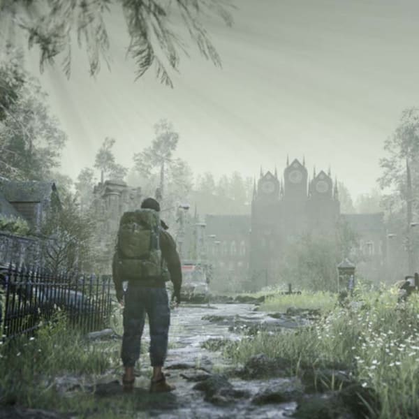 Still of animation showing a figure of a solider standing in a graveyard.