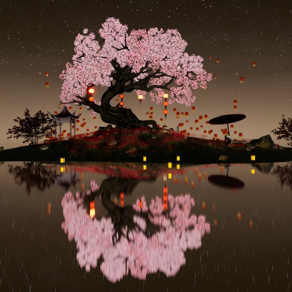 Computerised visual of a blossom tree and its reflection.