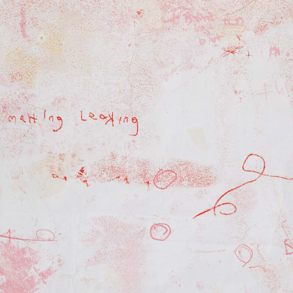 Red, yellow and pink print with scrawled marks and text. Work by Joy Stokes - MA Fine Art: Printmaking, Camberwell College of Arts.
