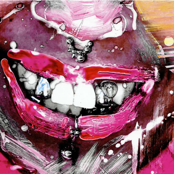 Bright pink illustration of lips and teeth.