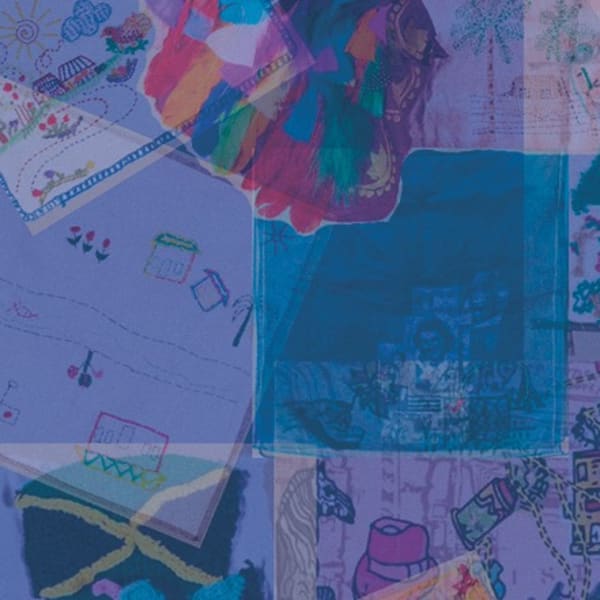 A colourful graphic with illustrations overlaid by a purpley-blue colour