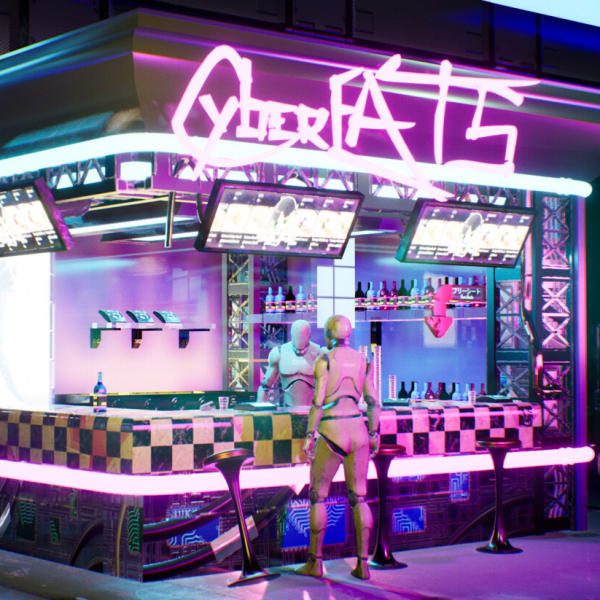 Computer-generated image showing a robotic figure at a makeshift bar. The image is heavily purple in colour.