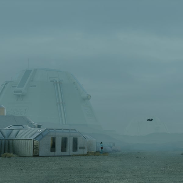 Computer-generated image showing a grey misty scene with spacecraft and a shelter.