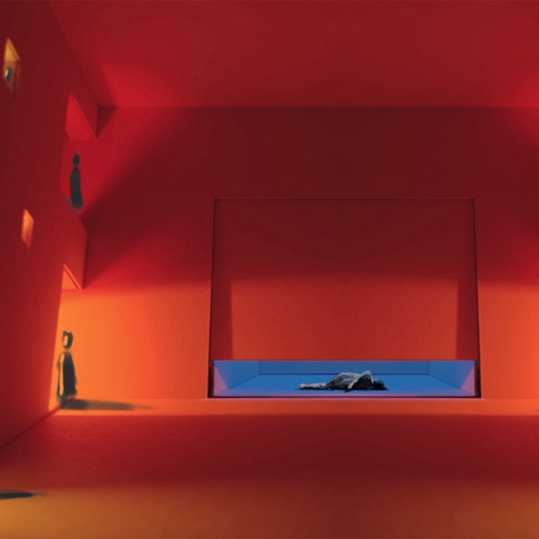 Set design drawing by Tianyu Bian of stage with doorways and windows on each side with people in them with a blue bed like structure at centre of stage with a person lying down.