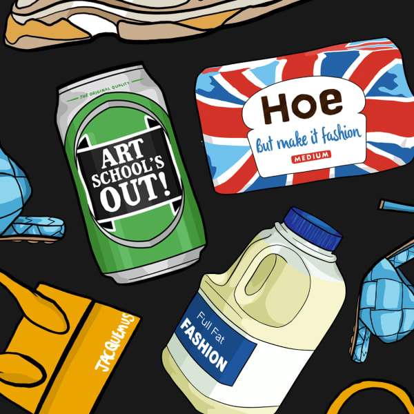 Illustrations of food and clothing items