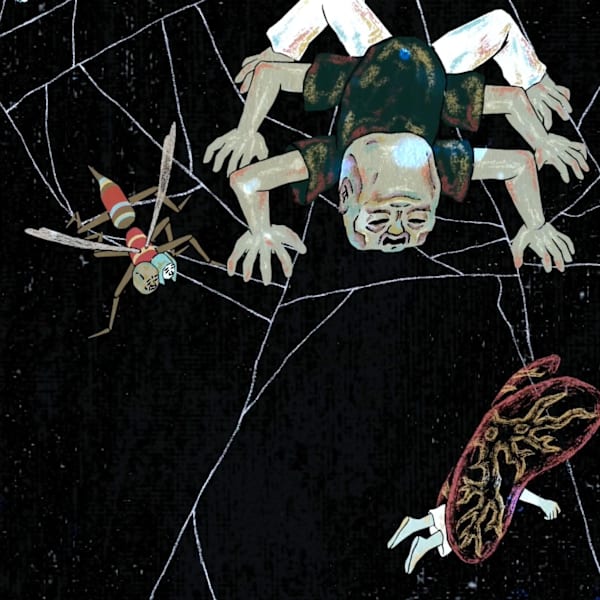 Still from a student animation, showing a spider-like character and a web.