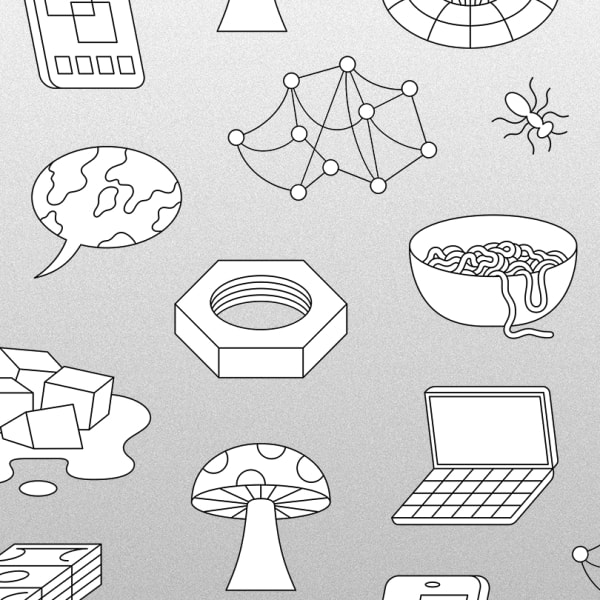 Black and white graphic rendering of diverse objects and concepts arranged in a loose grid