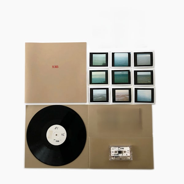 A display showing a record, a series of photographs and a cassette-tape. 