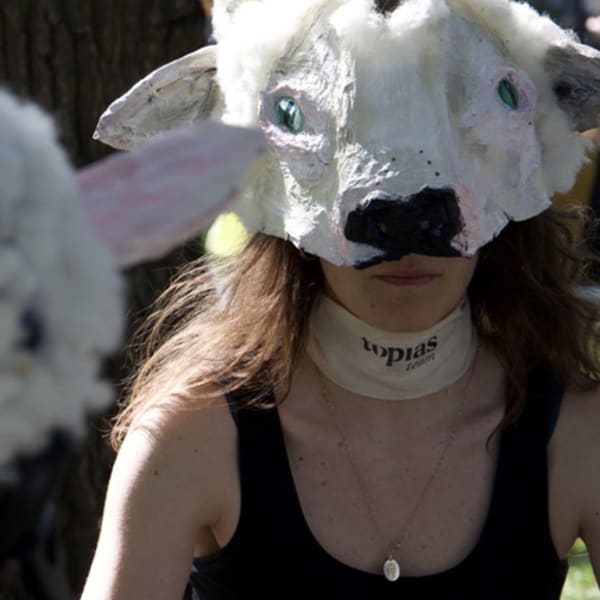 Photo of people wearing animal masks in an outdoor setting.
