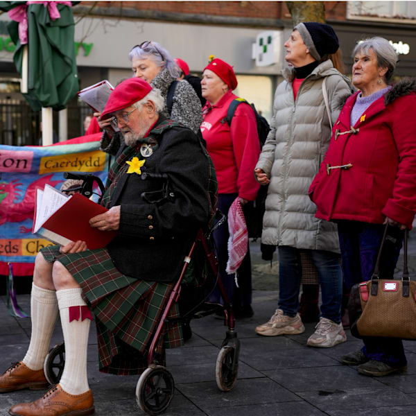 Spectators wait to watch a St David's Day parade in Cardiff