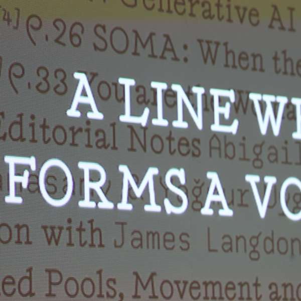 A digital screen with rows of text in an old-school computer font, with a grey overlay and overlaid with larger text in whitecaps reading 