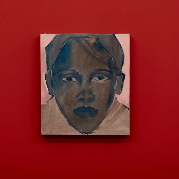 Installation with painted red background with painting of a portrait in the centre with brass objects hung either side. Work by Stevie Ray Latham - MA Fine Art: Painting, Camberwell College of Arts.