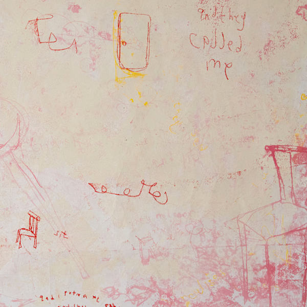 Red, yellow and pink print with scrawled marks and text. Work by Joy Stokes - MA Fine Art: Printmaking, Camberwell College of Arts.