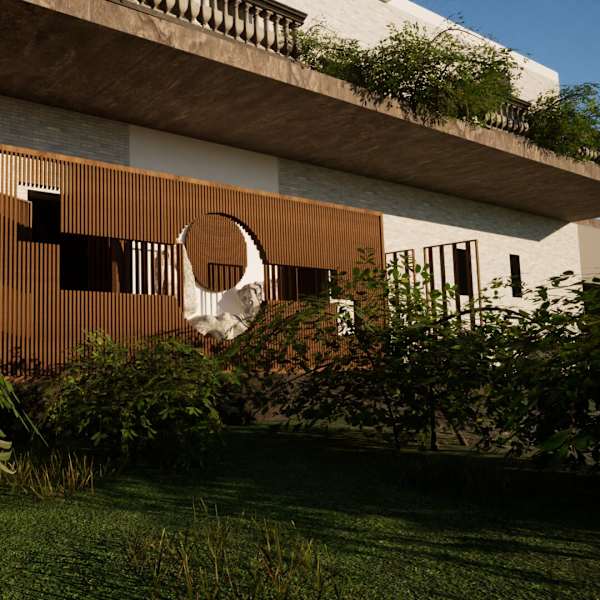 A modern house featuring a large window and a lush garden, showcasing contemporary architecture and greenery.