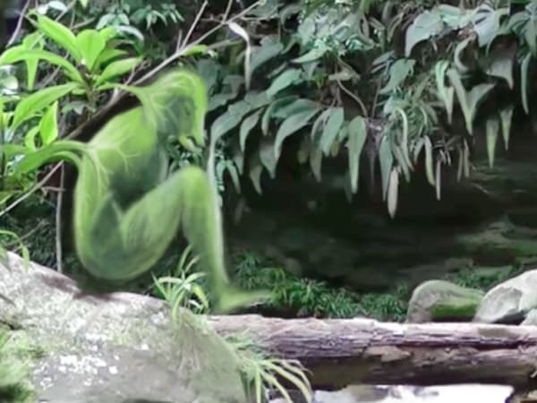 A green illustrated figure superimposed onto a rainforest scene
