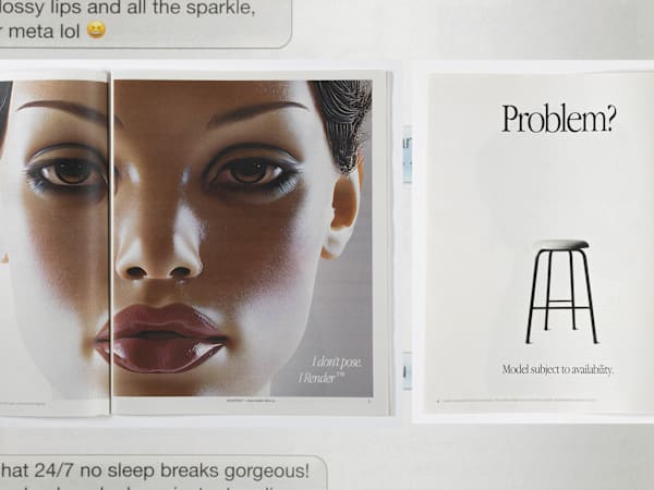 A printed advertising campaign laid out as an open magazine or portfolio spread over 2 pages. The main page has a doll-like face with skin textures and dramatic lighting . Below and to the right is text and smaller imagery.