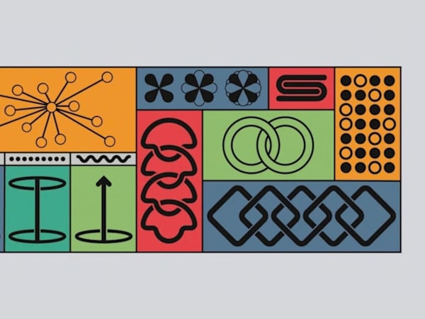 Coloured graphics and symbols positioned within rectangles