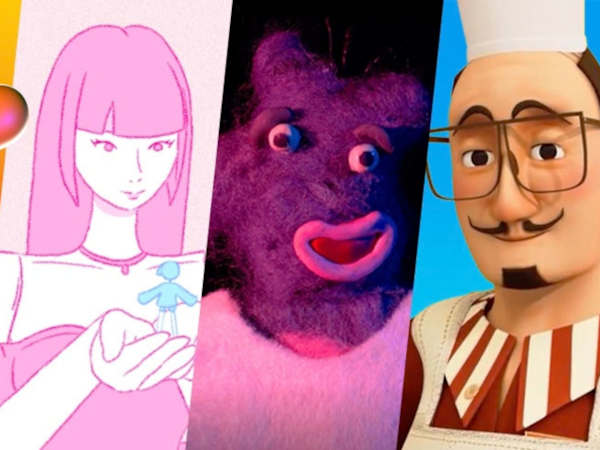 Four animated characters in different styles side by side, from a digital animation to an illustration to stop motion and a further digital animation. The characters are: a chicken, a girl holding a minature human, a smiley furry creature, and a person with glasses and a chef's hat. 